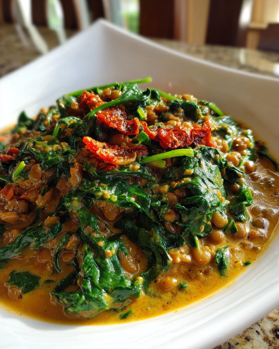 Close-up of creamy Marry Me Lentils dish featuring wilted spinach and sun-dried tomatoes in a white bowl.