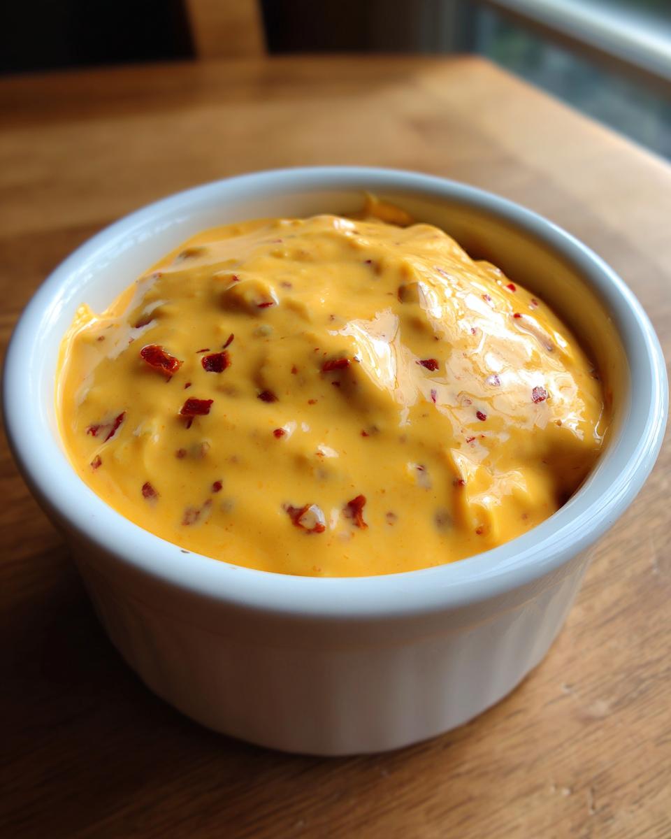 Close-up of a small white ramekin filled with creamy, bright orange cheese dip speckled with red pepper flakes.