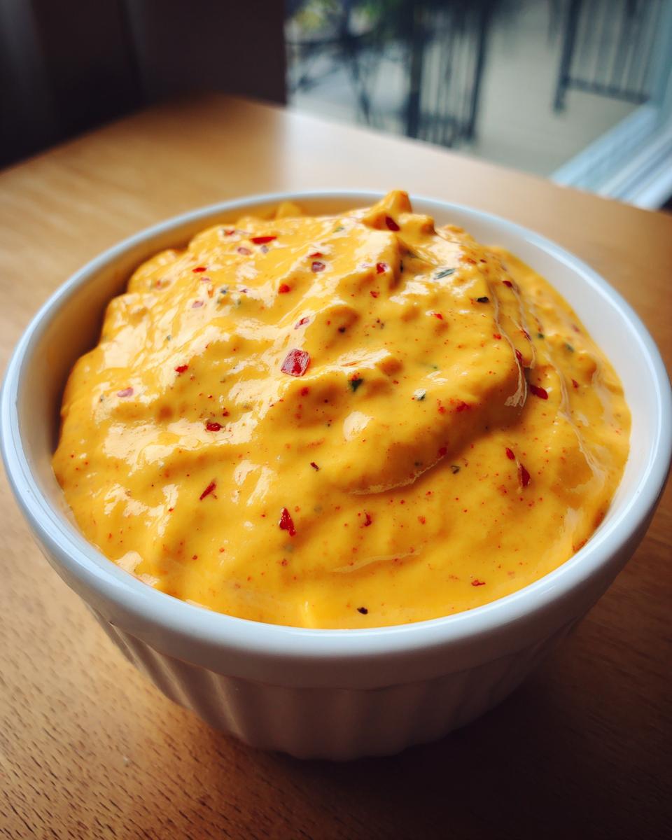 Close-up of a creamy, vibrant orange cheese dip sprinkled with red pepper flakes in a white bowl.
