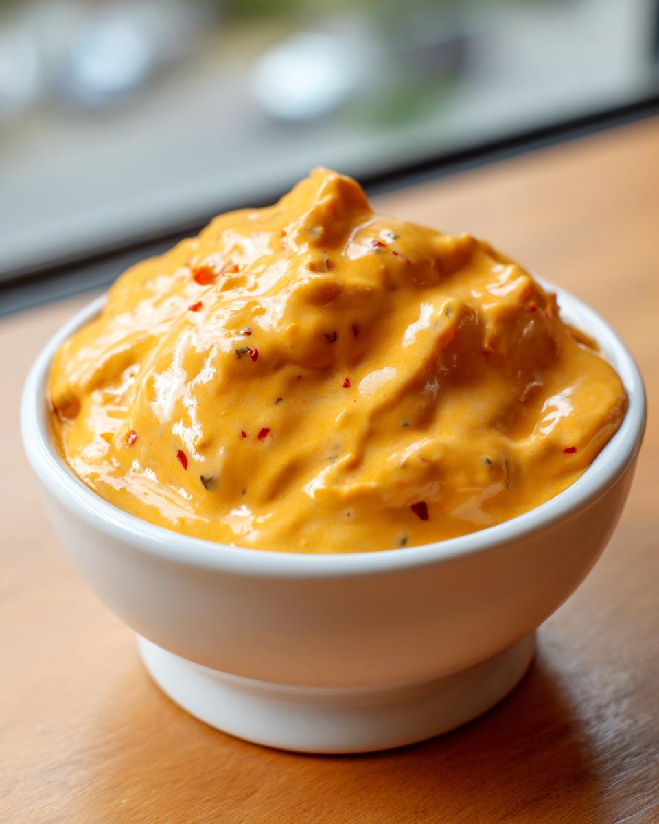 Close-up of a thick, creamy orange cheese dip speckled with red pepper flakes in a white bowl.