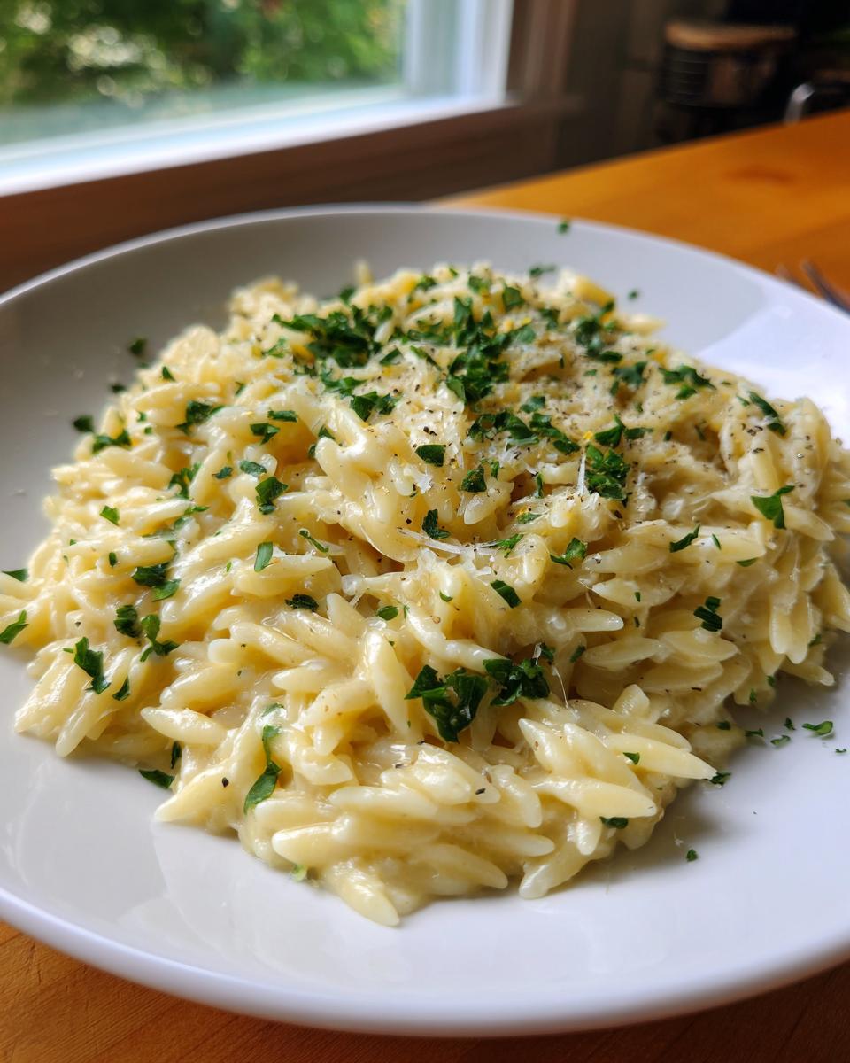 A close-up of a white bowl filled with creamy orzo pasta, topped with fresh parsley and grated cheese.