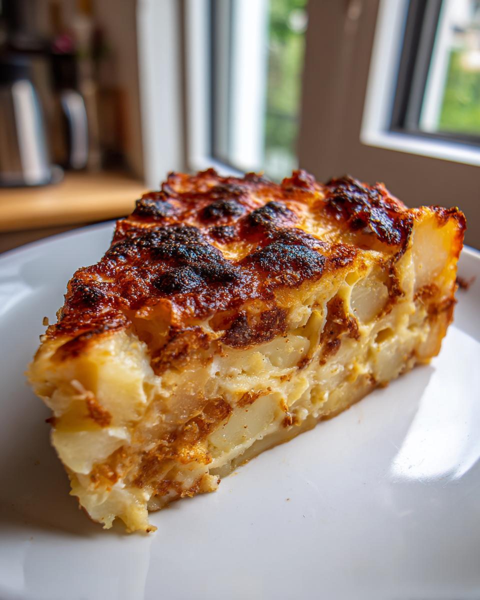 A thick slice of creamy parmesan oven-baked potatoes with a deeply browned, cheesy crust.