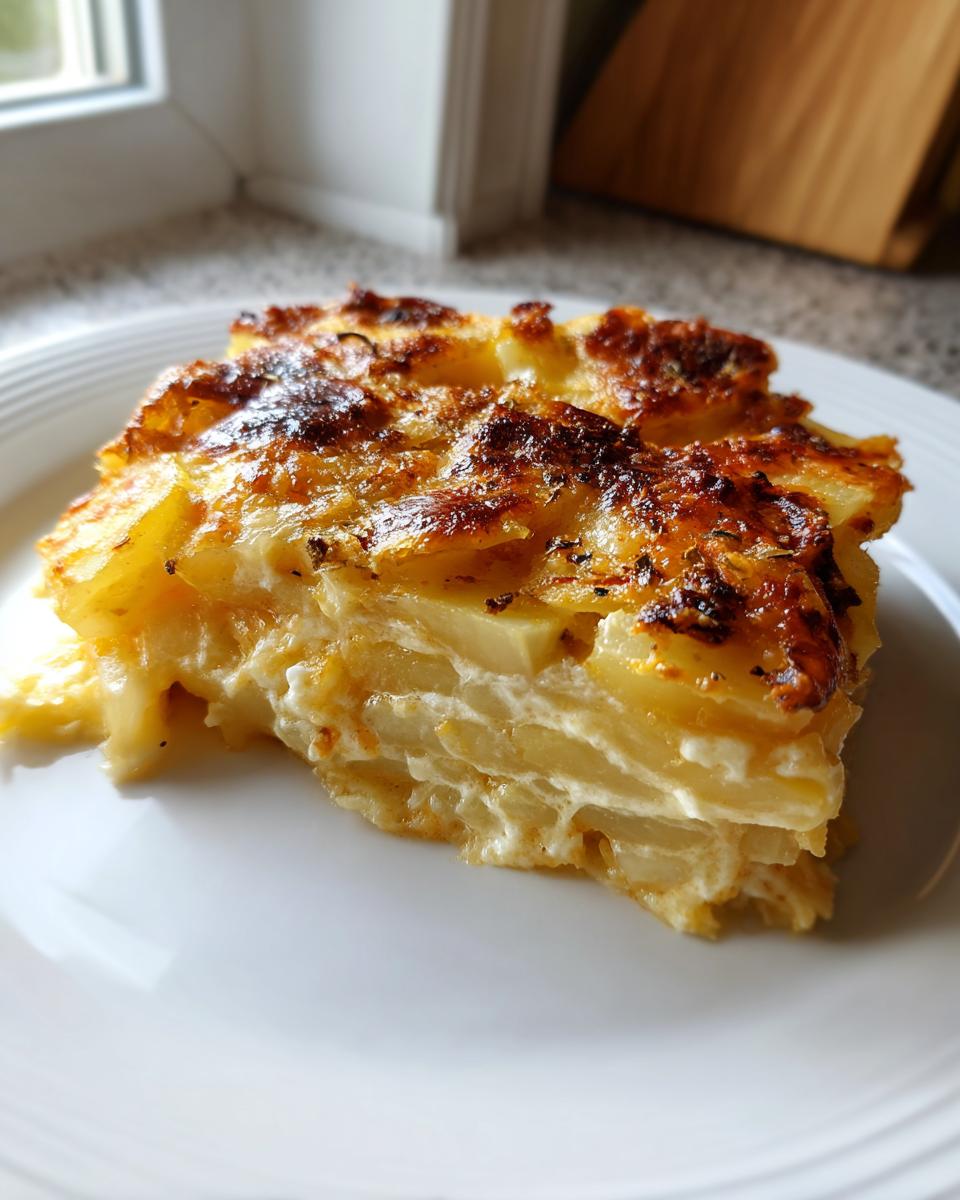 A thick slice of creamy parmesan oven-baked potatoes showing layered potatoes and a golden-brown, cheesy crust.