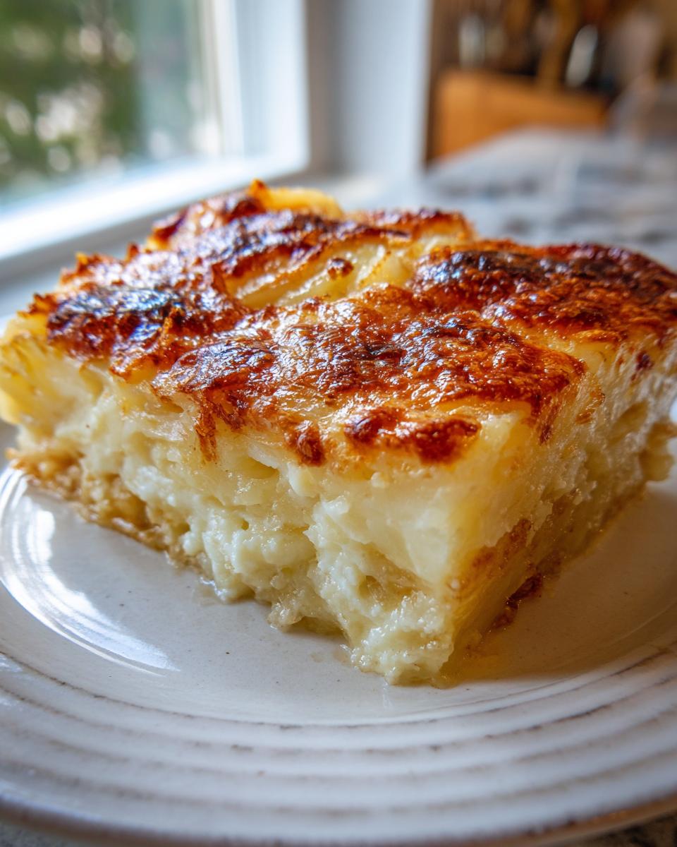 A close-up of a serving of creamy parmesan oven-baked potatoes with a golden-brown, cheesy crust.