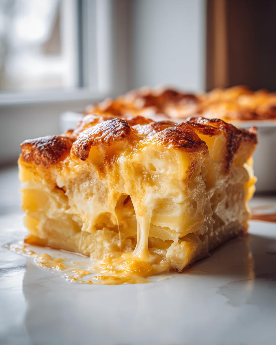 A gooey, cheesy slice of creamy parmesan oven-baked potatoes showing melted cheese dripping down the side.