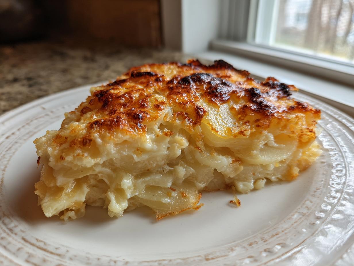 A close-up slice of creamy parmesan oven-baked potatoes with a golden-brown, bubbly top.
