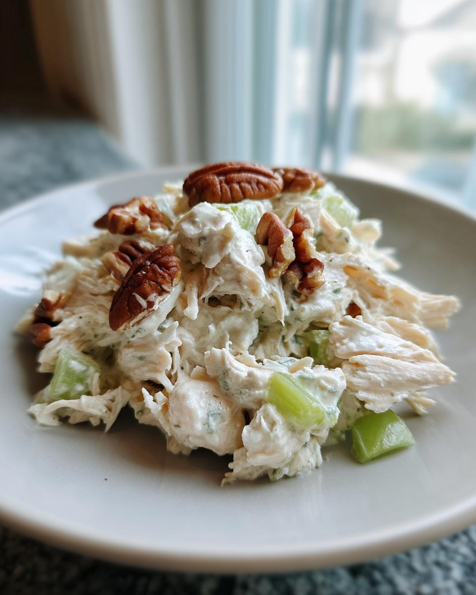 A close-up serving of creamy chicken salad recipe mixed with celery and topped with whole pecans.