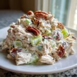 A mound of creamy chicken salad recipe mixed with celery and topped generously with whole pecans, served on a white plate.