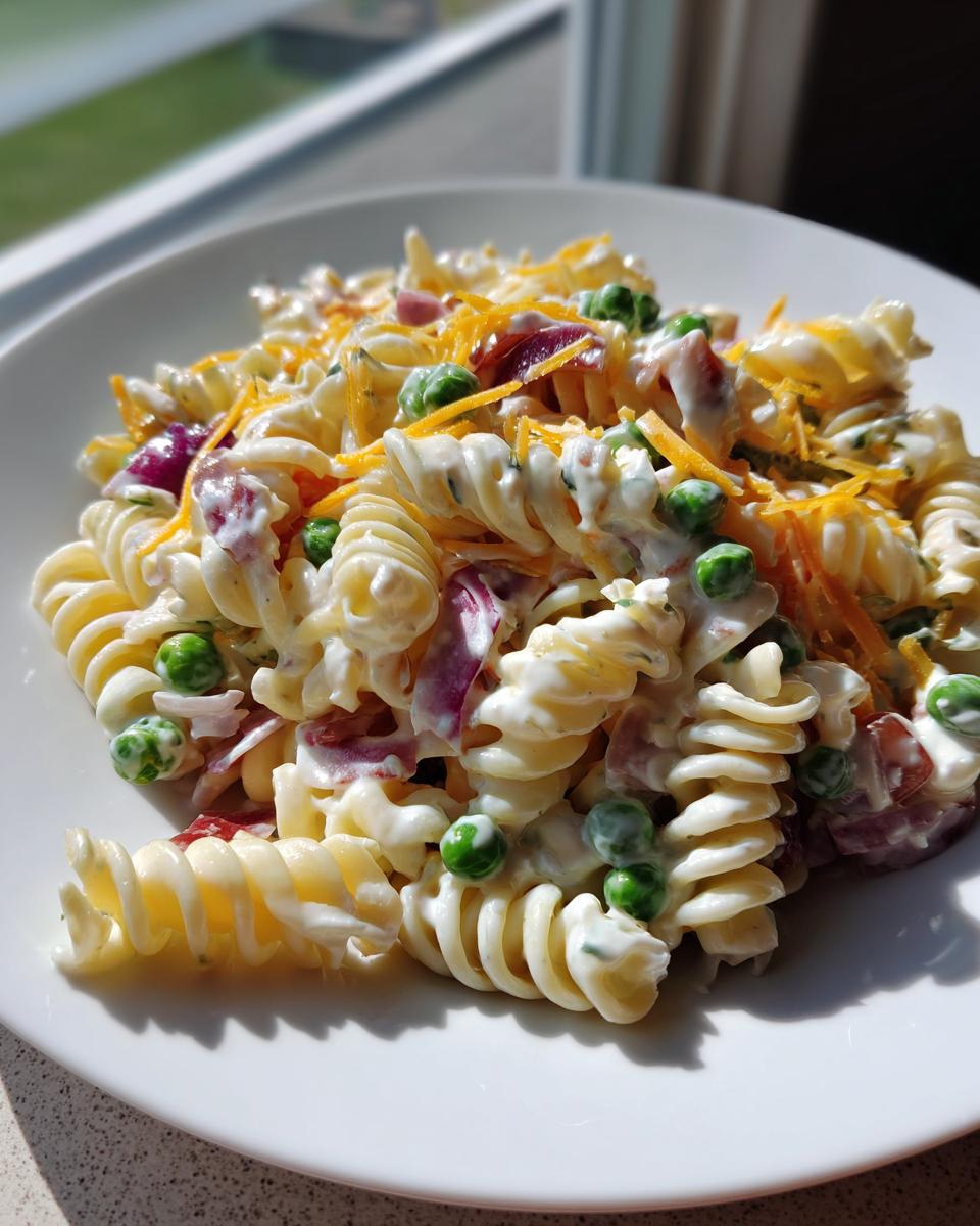 A close-up serving of creamy Ranch Pasta Salad featuring rotini pasta, green peas, red onion, and shredded cheddar cheese.