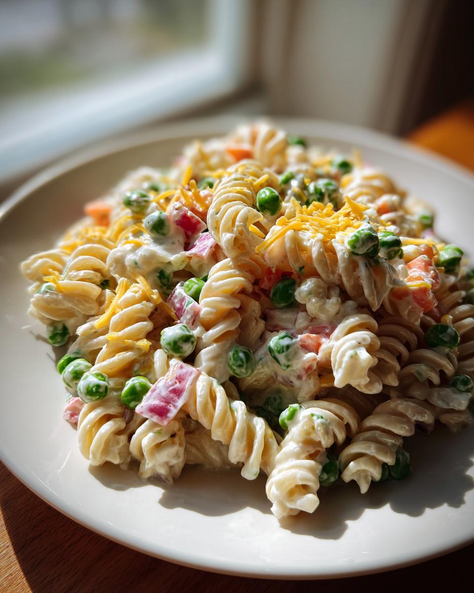 Close-up of creamy Ranch Pasta Salad featuring rotini pasta, green peas, diced red onion, and shredded cheddar cheese.