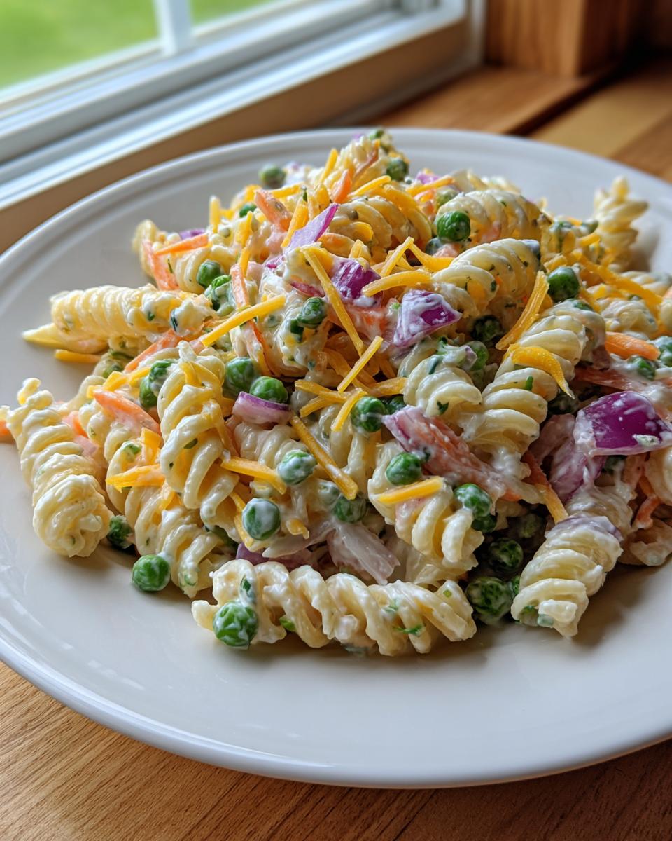 A close-up of creamy Ranch Pasta Salad featuring rotini pasta, green peas, shredded cheddar, and red onion.