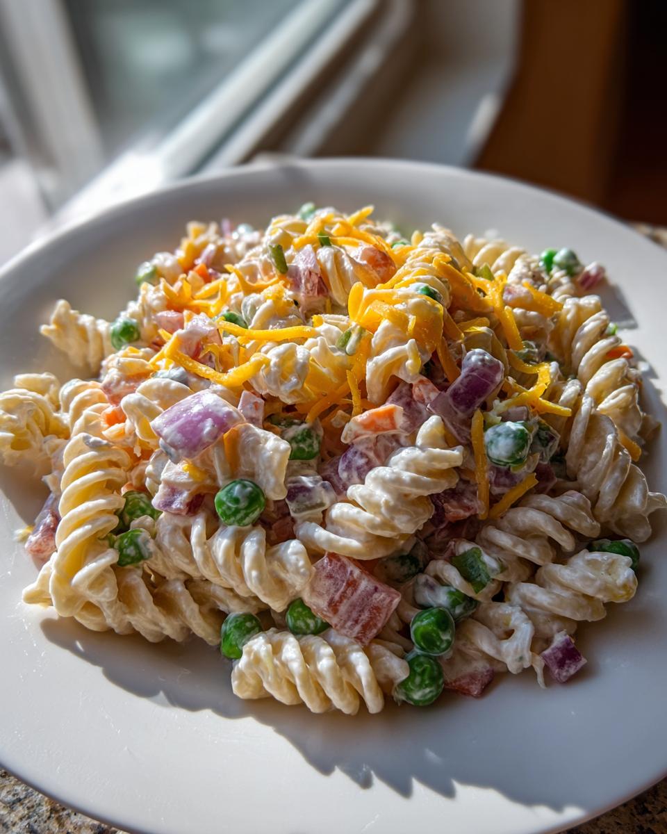 A close-up of a serving of creamy Ranch Pasta Salad featuring rotini pasta, peas, red onion, and shredded cheddar cheese.