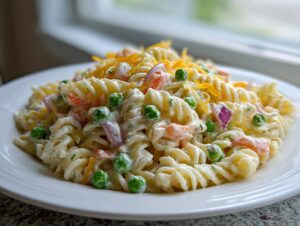 A close-up of creamy Ranch Pasta Salad featuring rotini pasta, green peas, red onion, and shredded cheddar cheese.