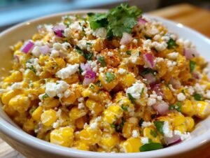 A close-up of vibrant street corn salad featuring yellow corn, crumbled white cheese, red onion, and cilantro.