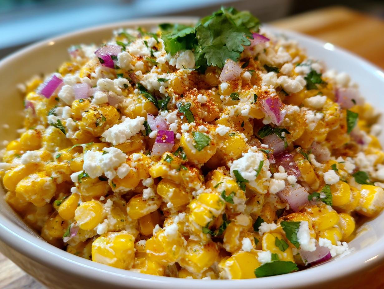 A close-up of vibrant street corn salad featuring yellow corn, crumbled white cheese, red onion, and cilantro.