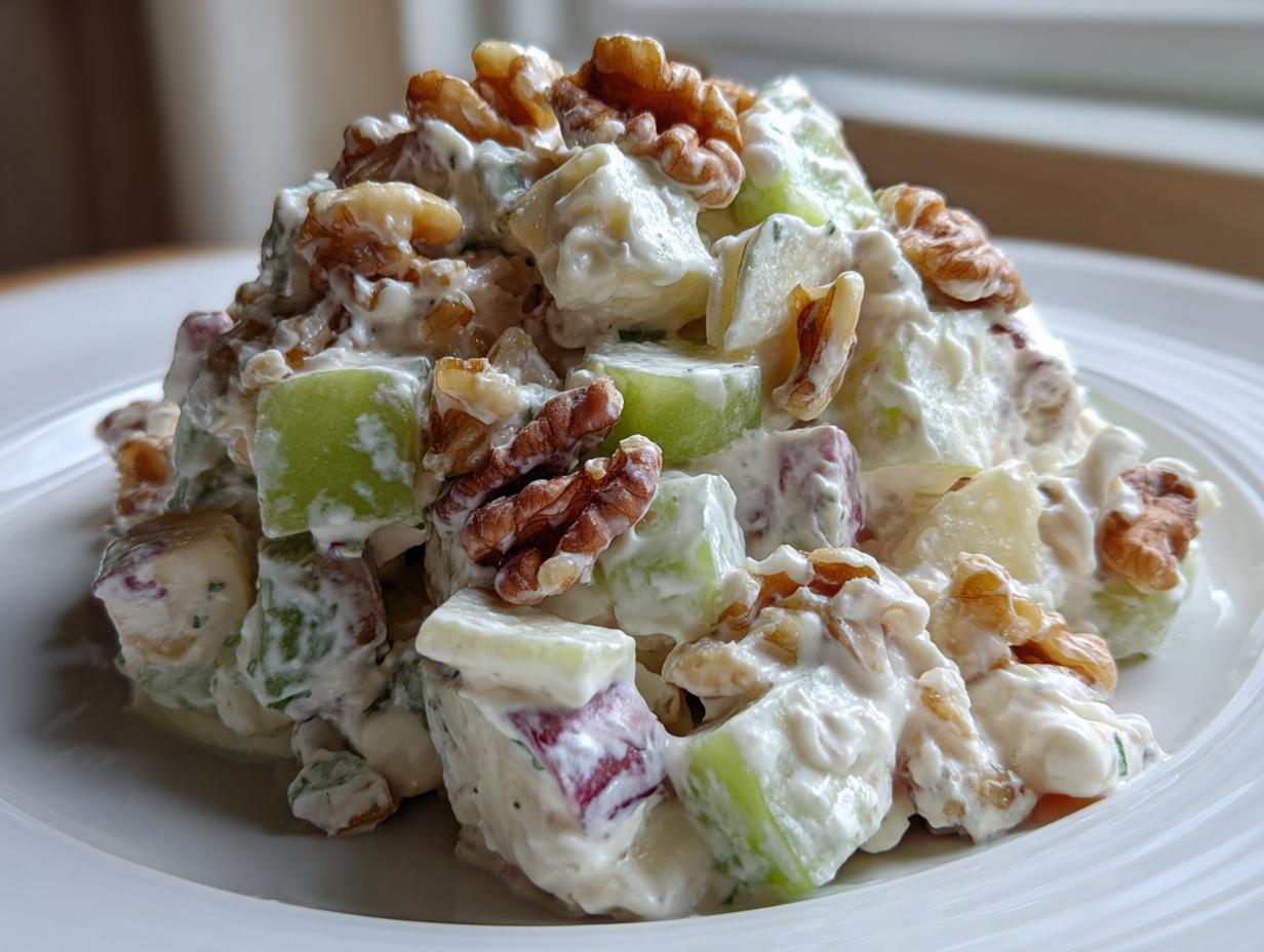 Close-up of a mound of creamy Waldorf Salad featuring diced green apples, celery, and whole walnuts.