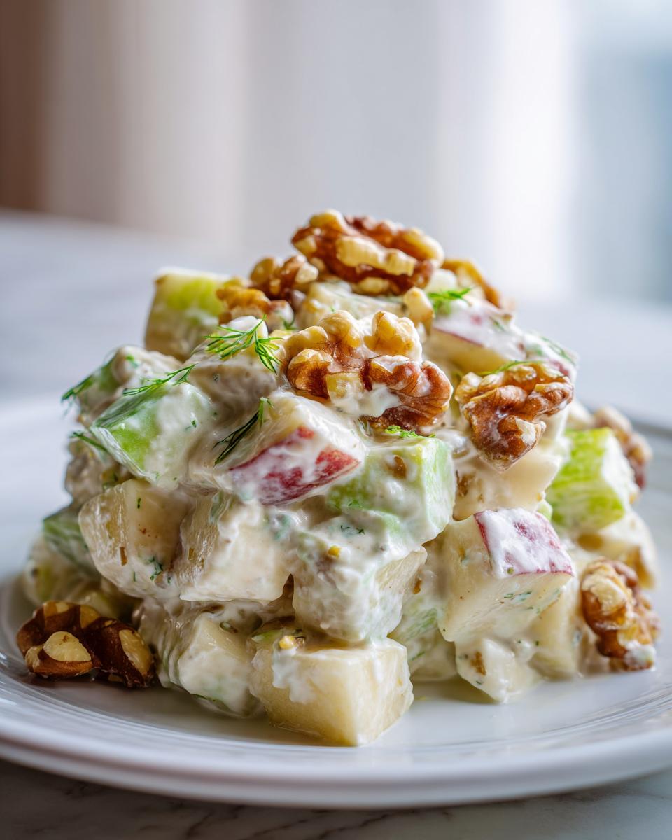 Close-up of a mound of creamy Waldorf Salad featuring diced apples, celery, and topped generously with walnuts.