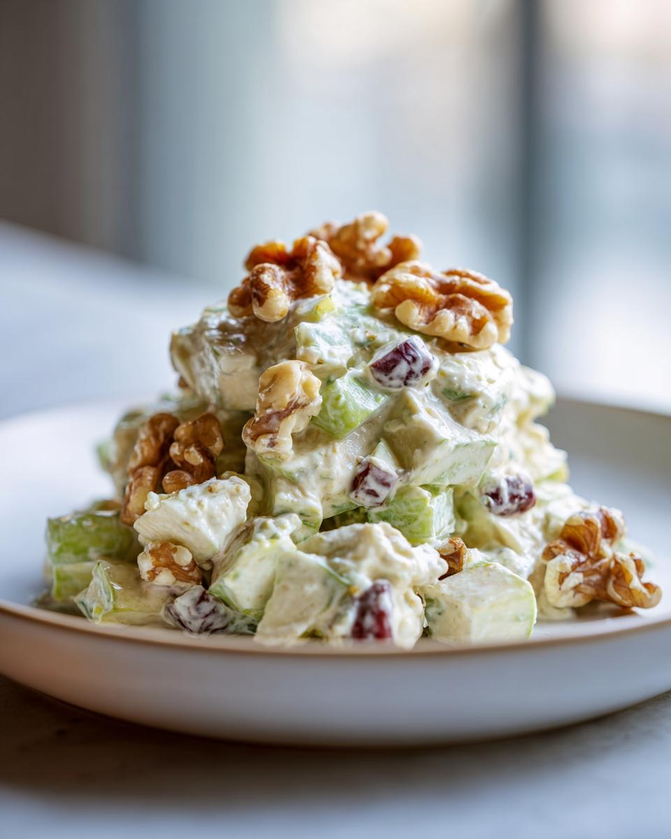 A mound of creamy Waldorf Salad featuring chopped apples, celery, and dried cranberries, topped generously with whole walnuts.
