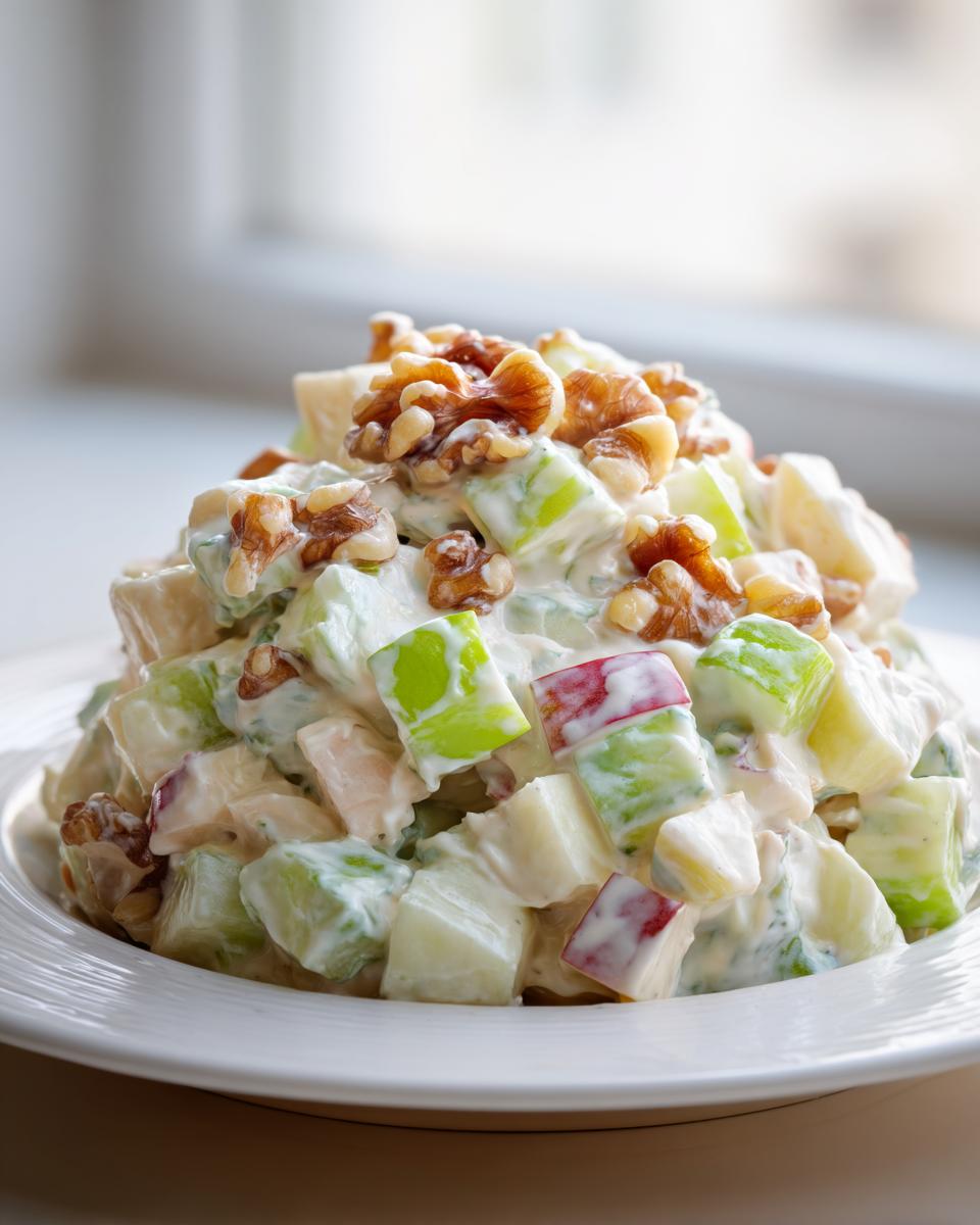A close-up of a mound of creamy Waldorf Salad featuring diced apples and topped generously with crunchy walnuts.