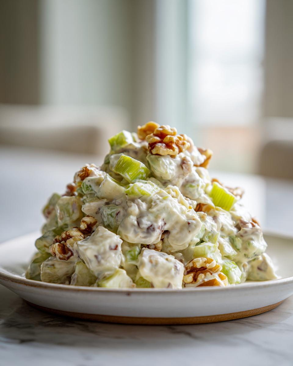 A mound of creamy Waldorf Salad featuring celery, apples, and topped generously with whole walnuts.