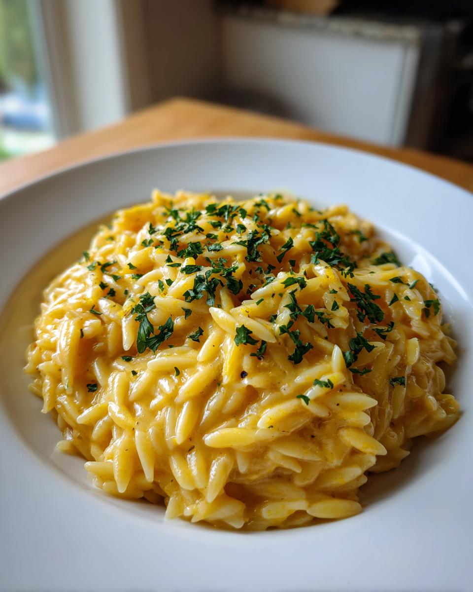 Close-up of a bowl of creamy, yellow orzo pasta garnished generously with chopped fresh parsley.