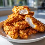 A stack of golden brown, crispy air fryer chicken tenders on a white plate, with one tender cut open showing the juicy white meat inside.