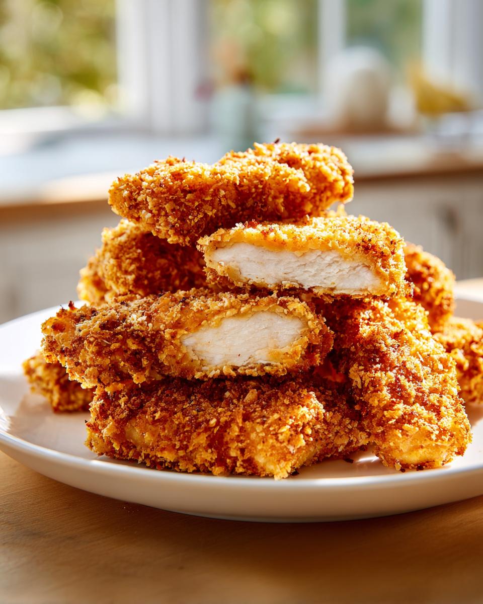 A stack of golden brown, crispy air fryer chicken tenders, one cut in half showing juicy white meat inside.