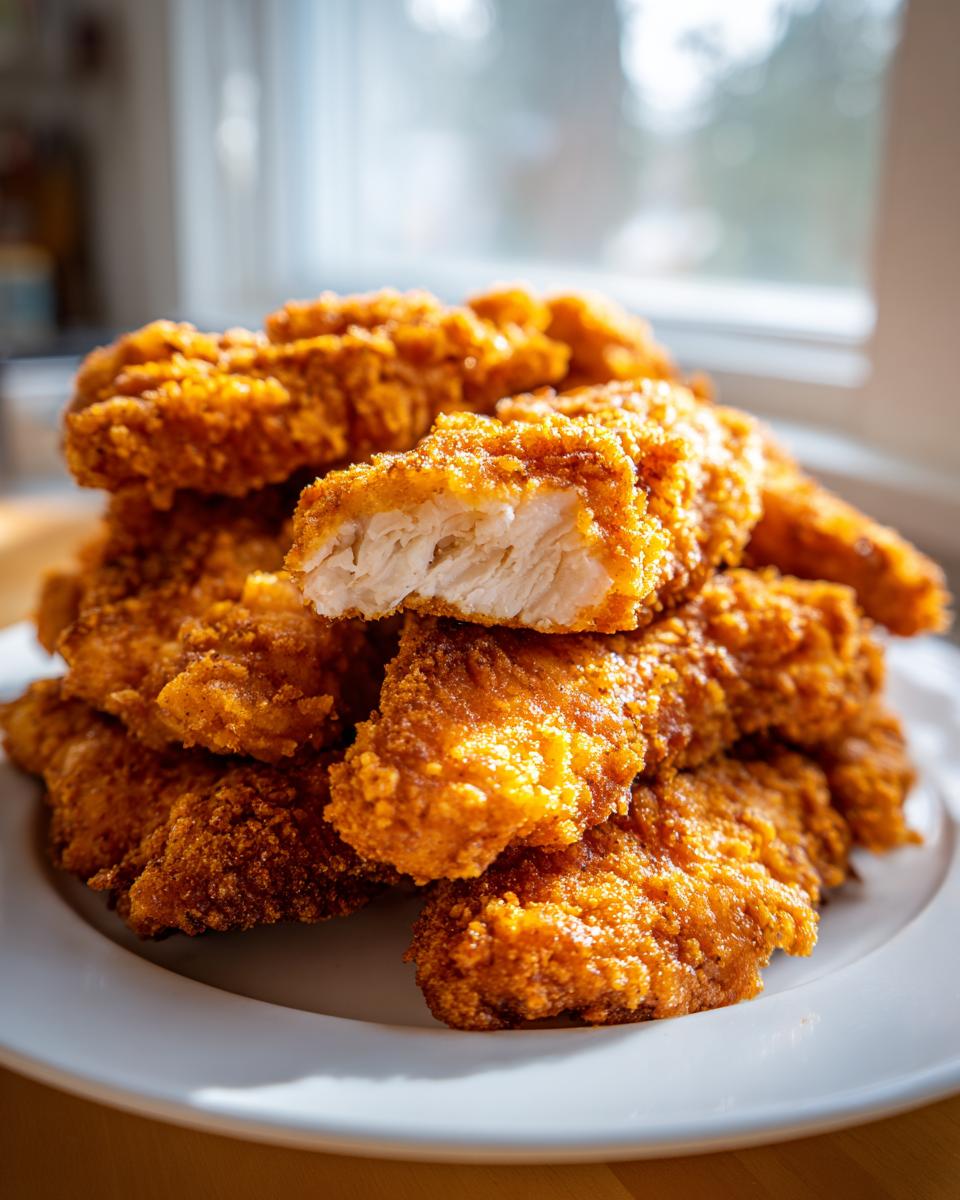 A close-up of a stack of golden brown, crispy air fryer chicken tenders, one cut open to show juicy white meat.