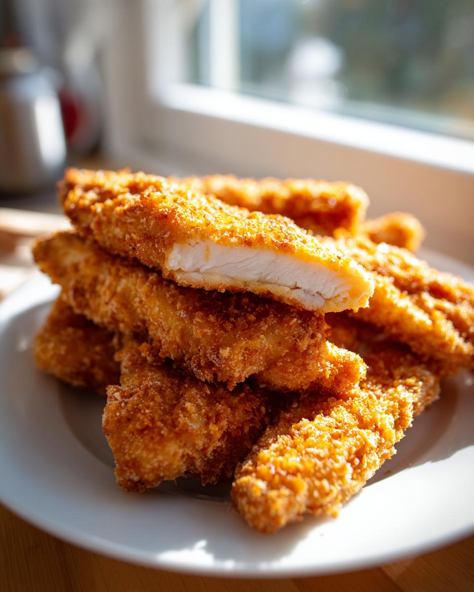 A stack of golden brown, crispy air fryer chicken tenders, with one tender cut open showing the white meat inside.