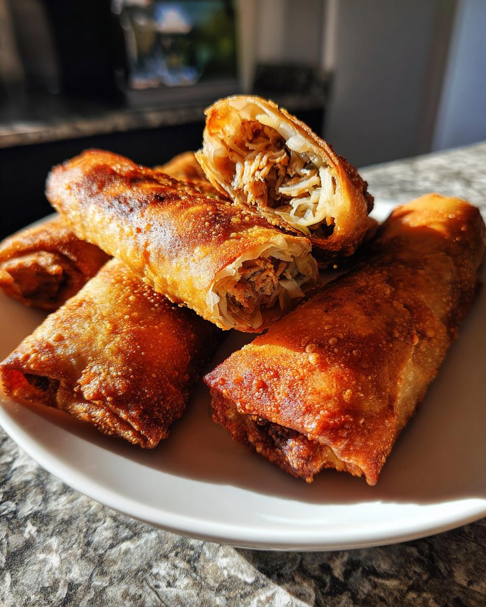 Close-up of several golden brown, crispy homemade egg rolls stacked on a white plate, one is cut open showing the filling.