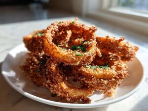 A close-up of several golden brown, crispy keto onion rings stacked on a white plate, garnished with parsley.