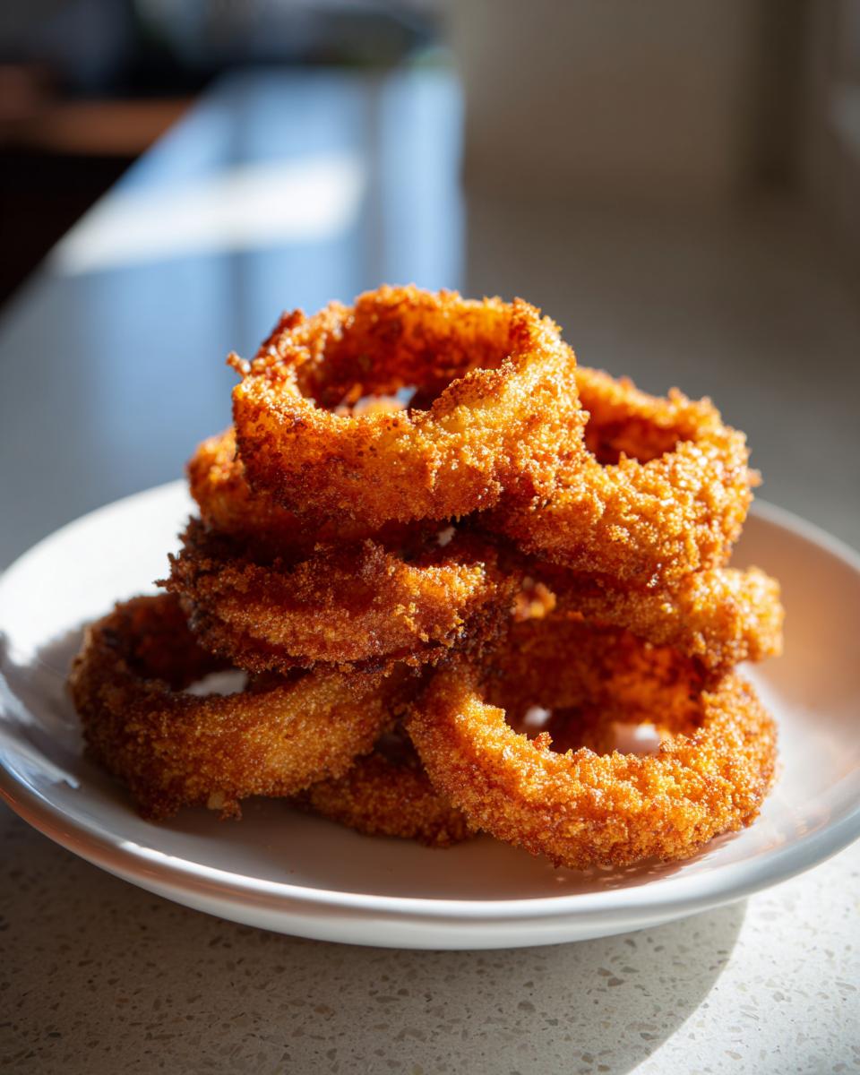 A tempting stack of golden brown, crispy keto onion rings piled high on a white plate.