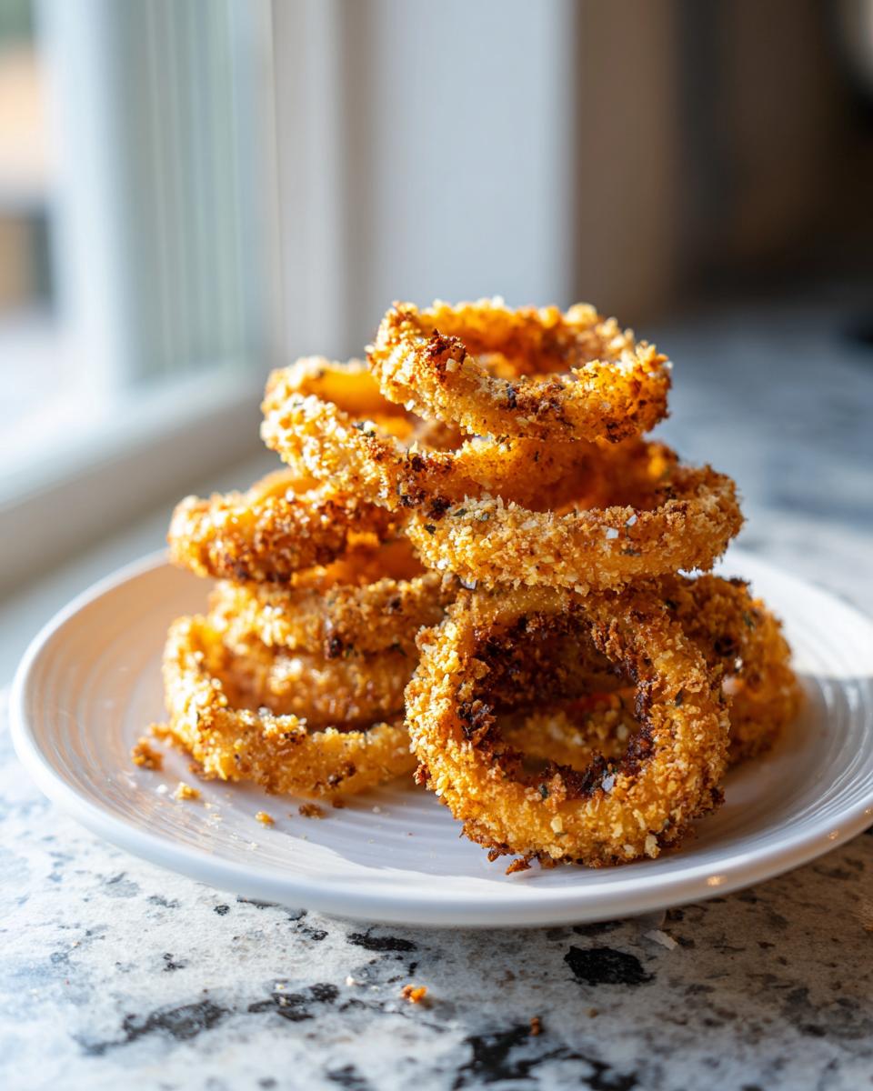 A stack of golden brown, crispy keto onion rings piled high on a white plate.