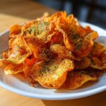 A close-up of a mound of crispy, seasoned onion ring chips piled high on a white plate.
