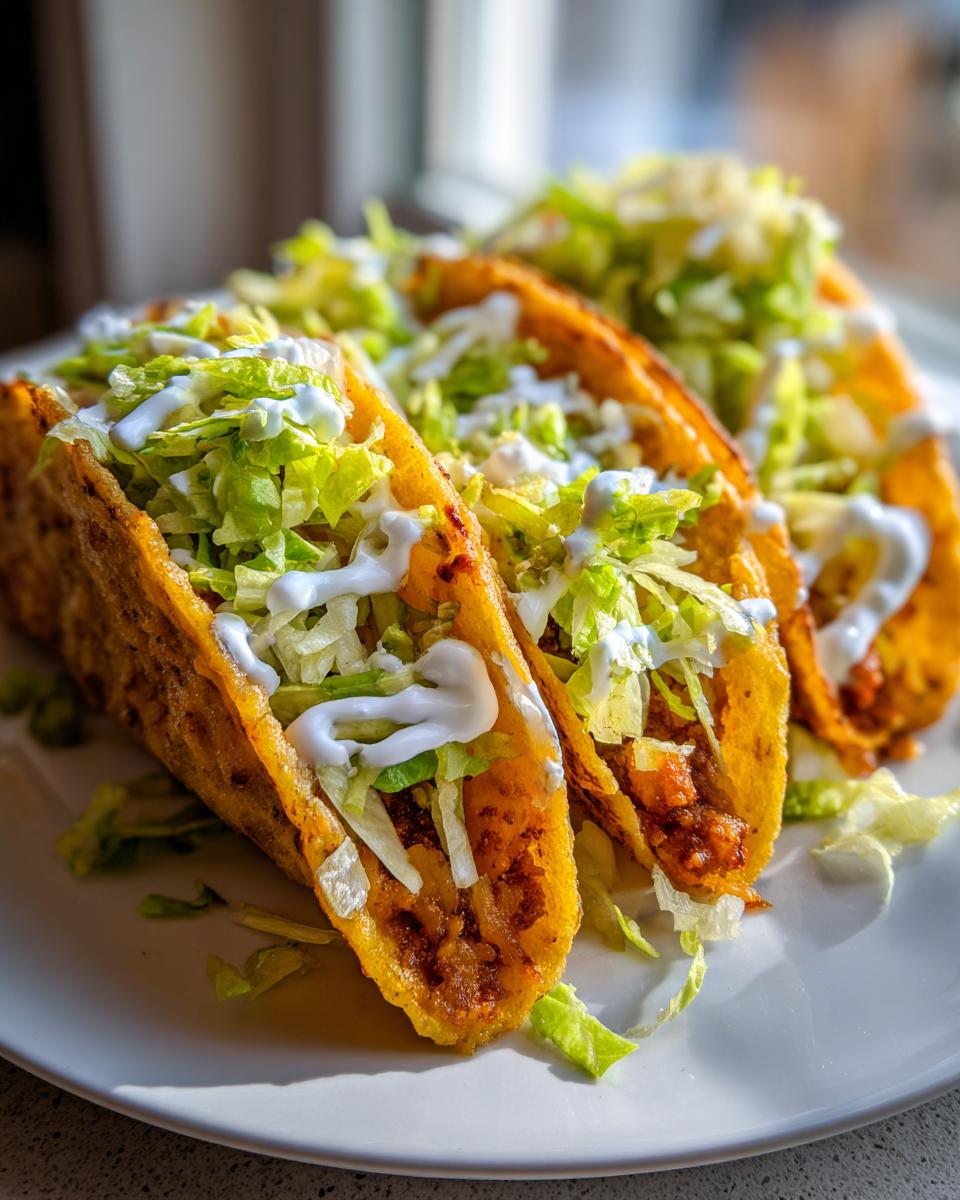 Three golden, crispy potato tacos loaded with filling, shredded lettuce, and sour cream drizzle.
