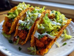 Three golden, crispy potato tacos filled with orange potato mixture, topped with shredded lettuce and white crema.