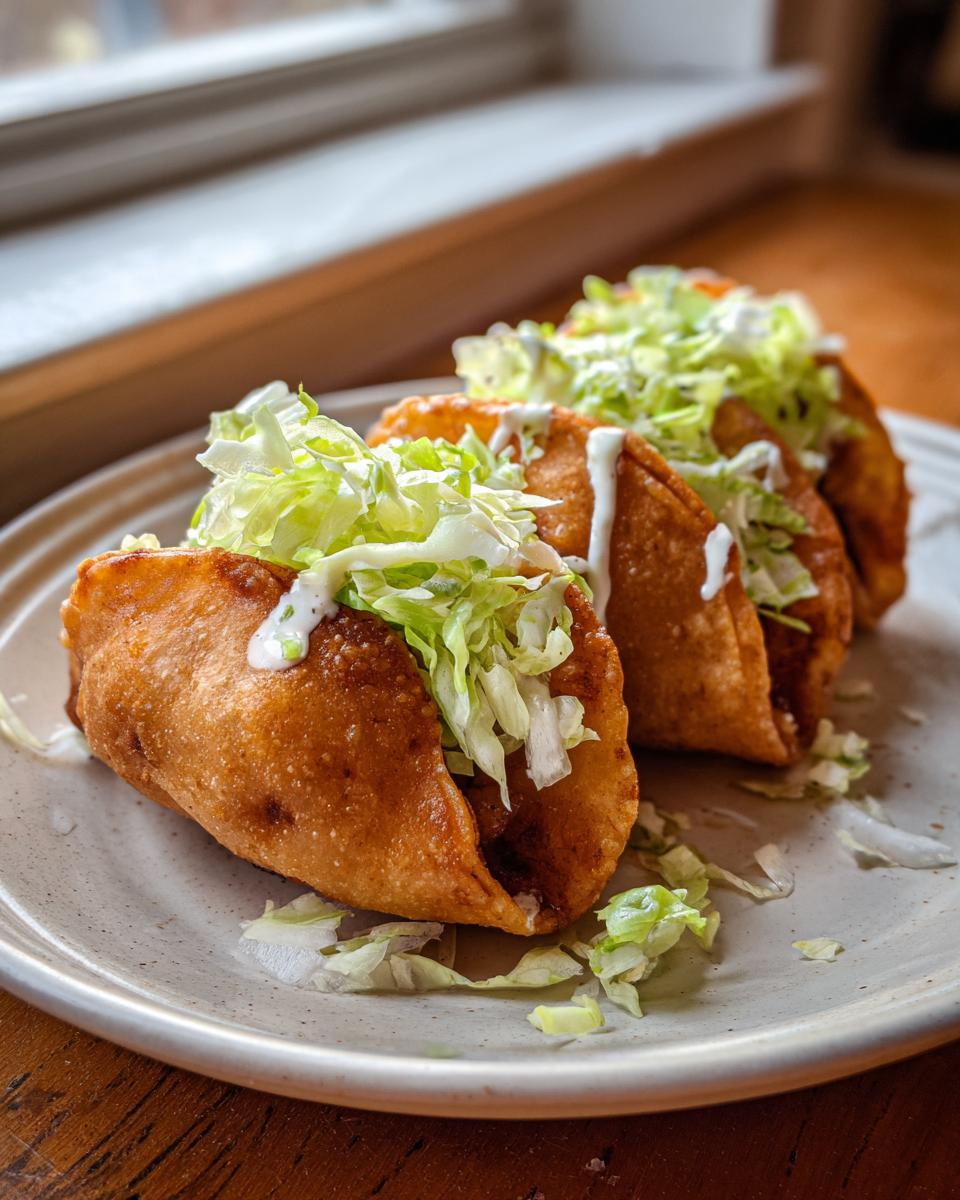 Three golden, deep-fried Crispy Potato Tacos topped with shredded lettuce and a drizzle of white cream sauce.