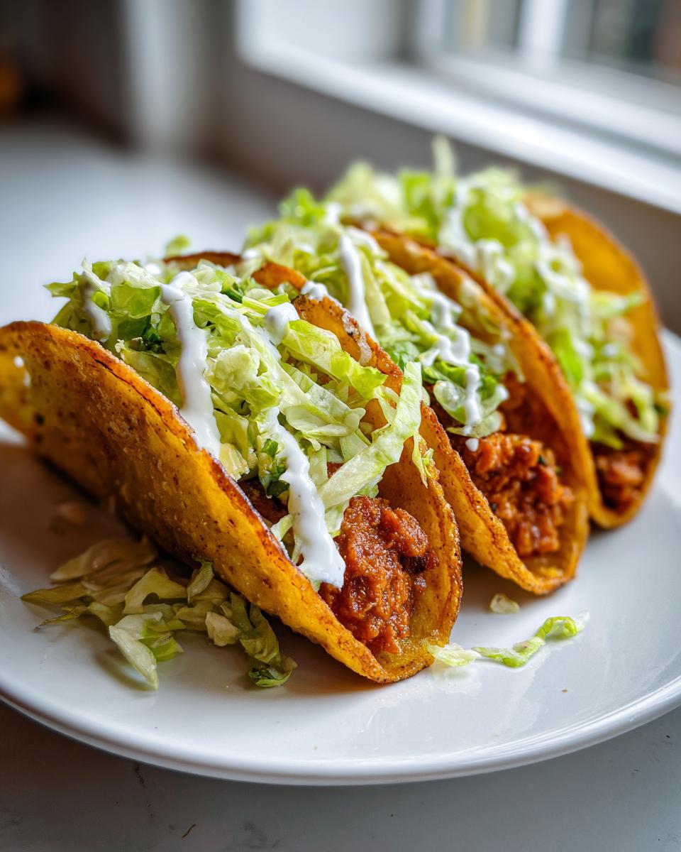 Three golden, crispy potato tacos filled with seasoned potato mixture, topped with shredded lettuce and a drizzle of sour cream.
