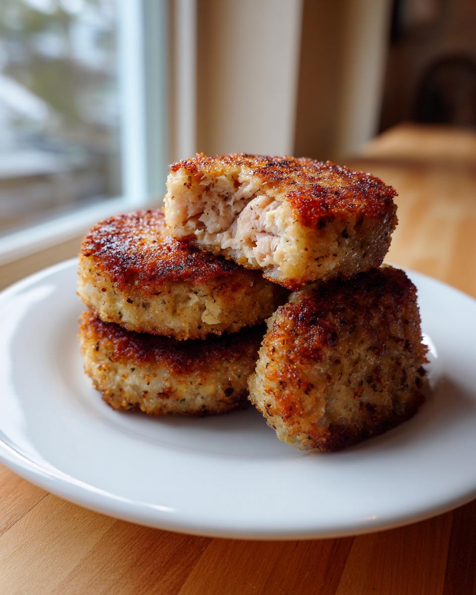 Close-up of four perfectly crispy salmon cakes stacked on a white plate, one broken open showing the flaky interior.