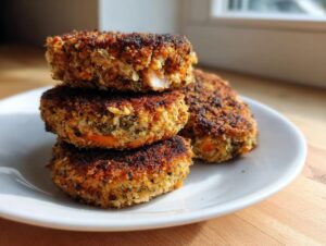 A stack of three perfectly crispy salmon cakes with a dark golden-brown crust, resting on a white plate.