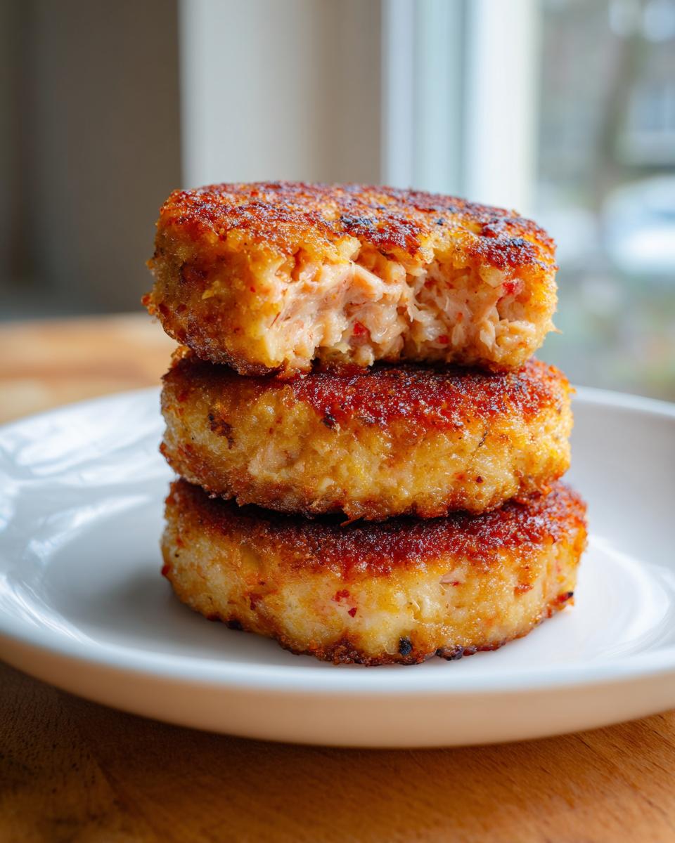 Three golden brown, crispy salmon cakes stacked on a white plate, with the top one showing a bite revealing the flaky interior.