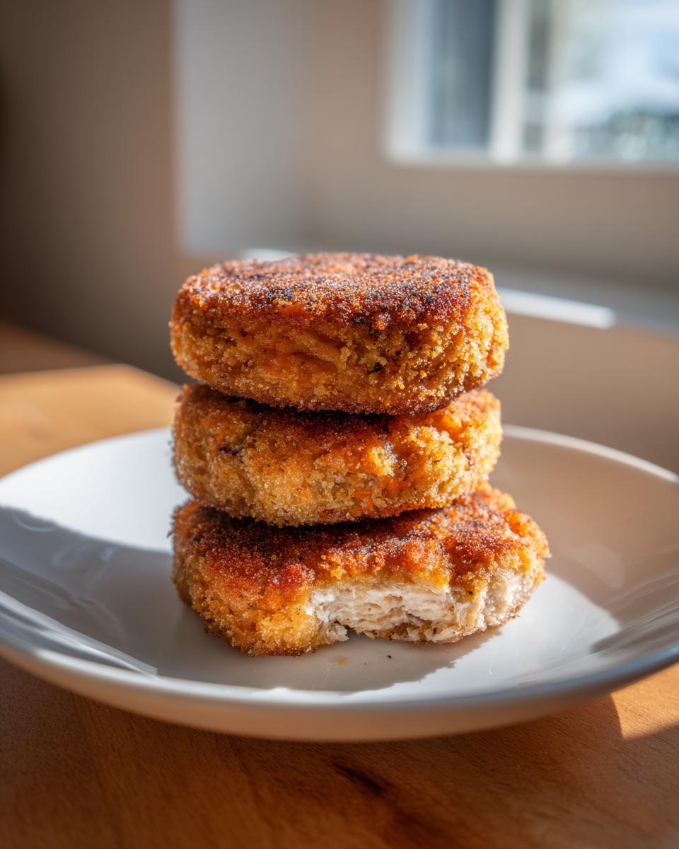 Three golden brown, crispy salmon cakes stacked on a white plate, with a bite taken out of the bottom one showing the flaky interior.
