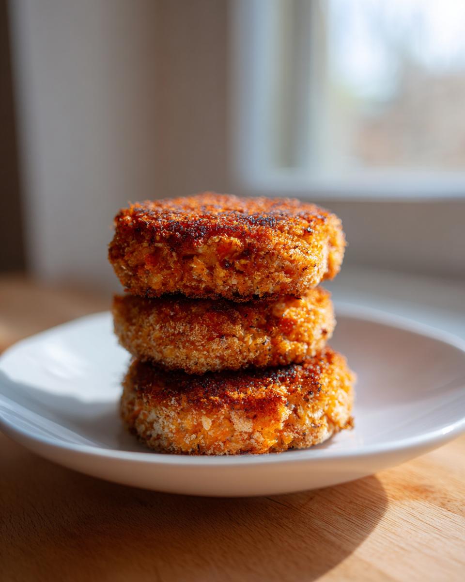 Three perfectly golden-brown, crispy salmon cakes stacked vertically on a small white plate.