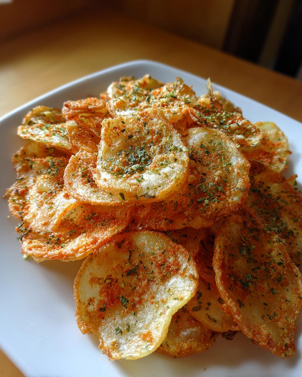 A pile of homemade, thinly sliced, crispy onion ring chips seasoned with orange spice and green herbs.