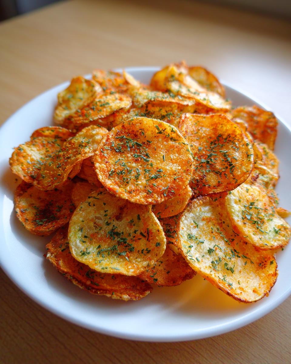 A close-up of crispy, golden onion ring chips seasoned with paprika and green herbs on a white plate.