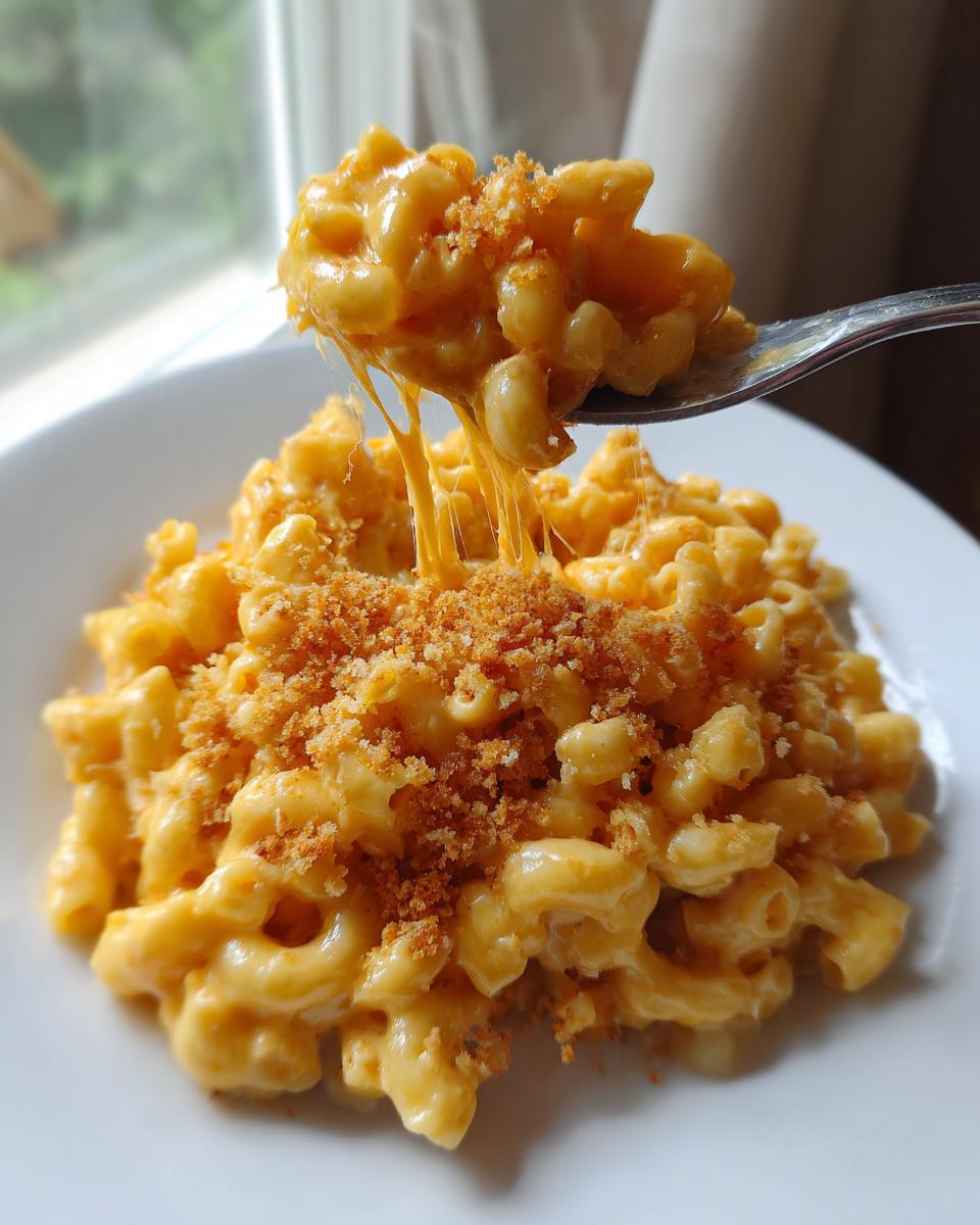 A spoonful of creamy Crockpot Mac and Cheese showing a dramatic cheese pull, topped with breadcrumbs.