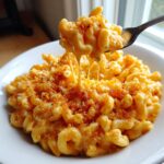 A fork lifting a bite of creamy Crockpot Mac and Cheese showing extreme cheese pull, topped with breadcrumbs.