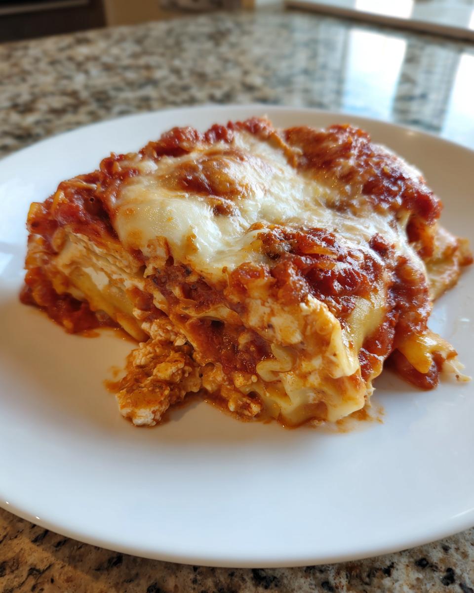 A close-up of a generous serving of crockpot ravioli lasagna topped with melted mozzarella cheese and rich tomato sauce.