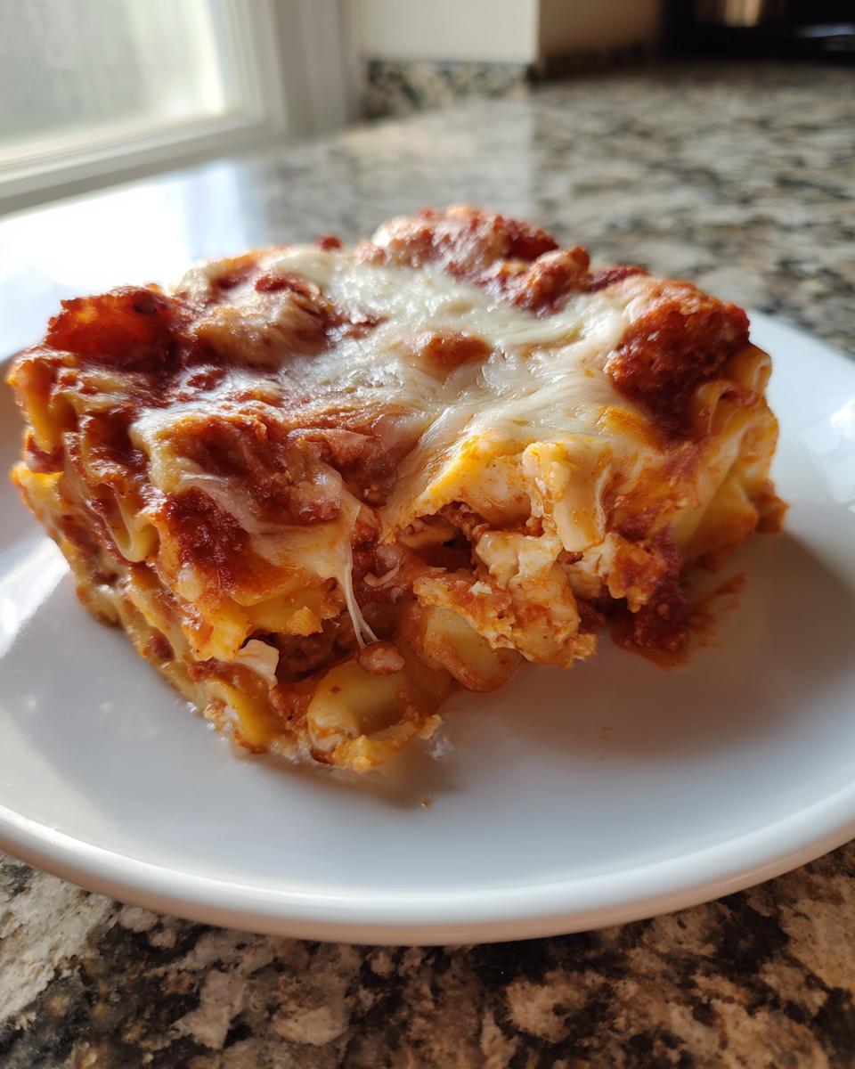 A close-up serving of crockpot ravioli lasagna, showing layers of pasta, sauce, and gooey melted mozzarella cheese.
