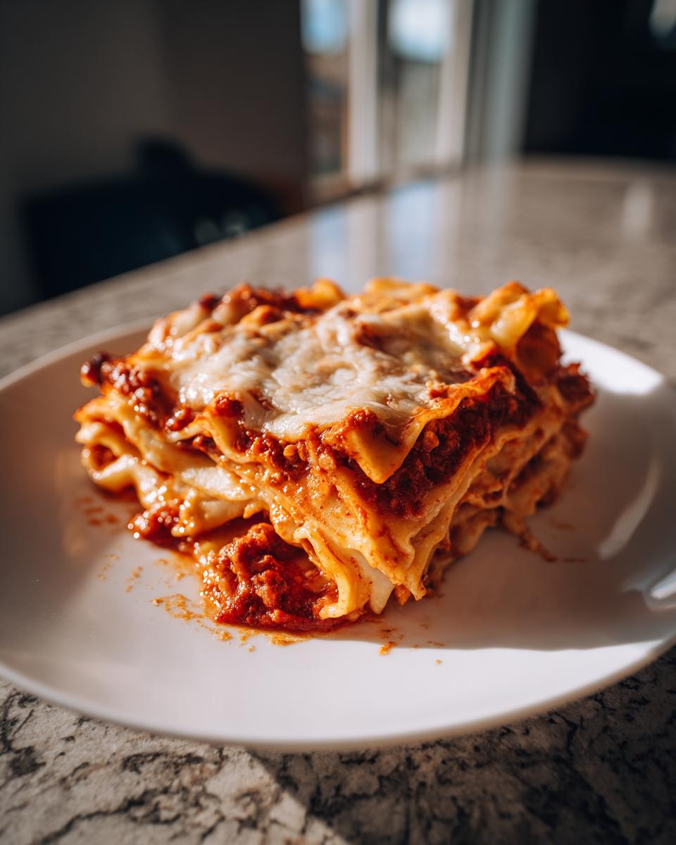 A hearty slice of crockpot ravioli lasagna layered with pasta, rich sauce, and melted mozzarella cheese on a white plate.